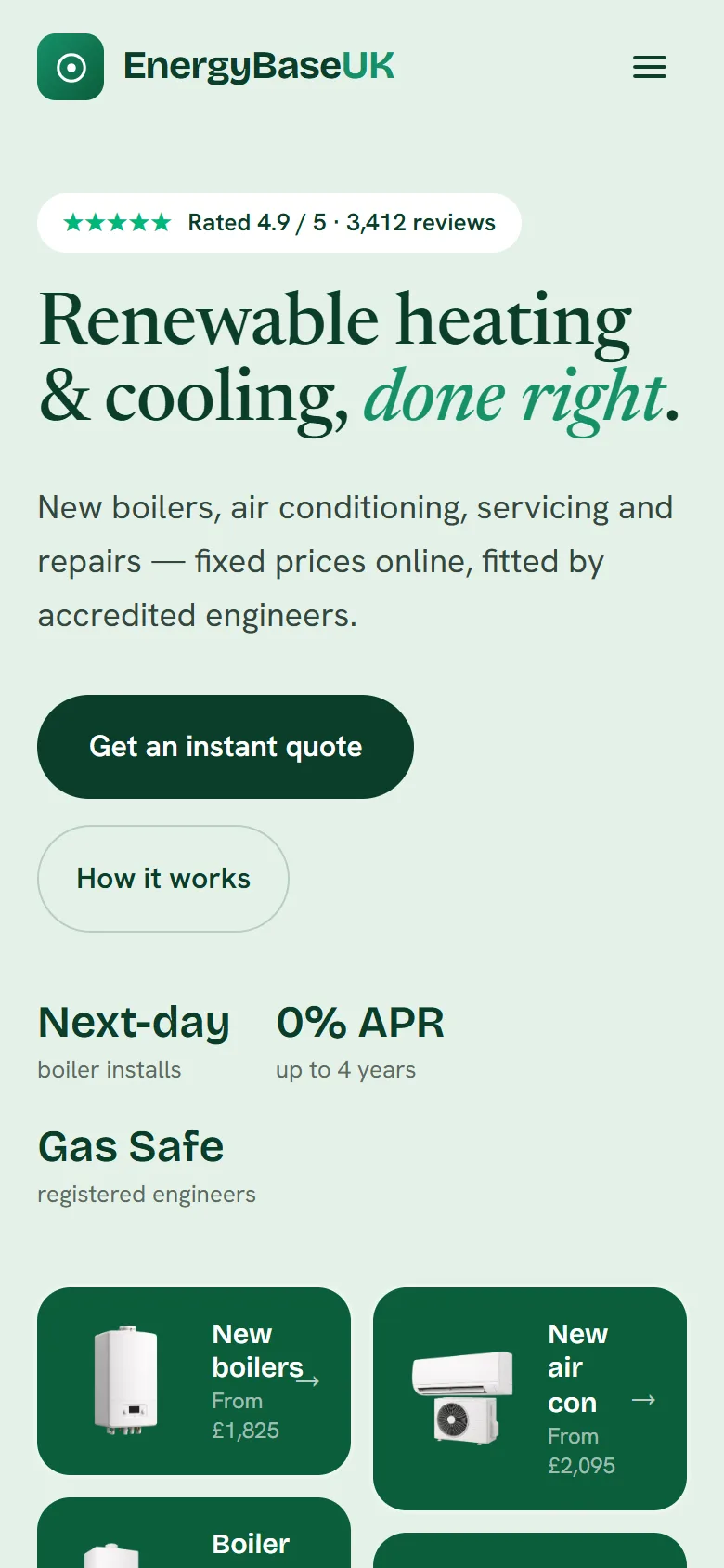 EnergyBase homepage on mobile after the rebuild