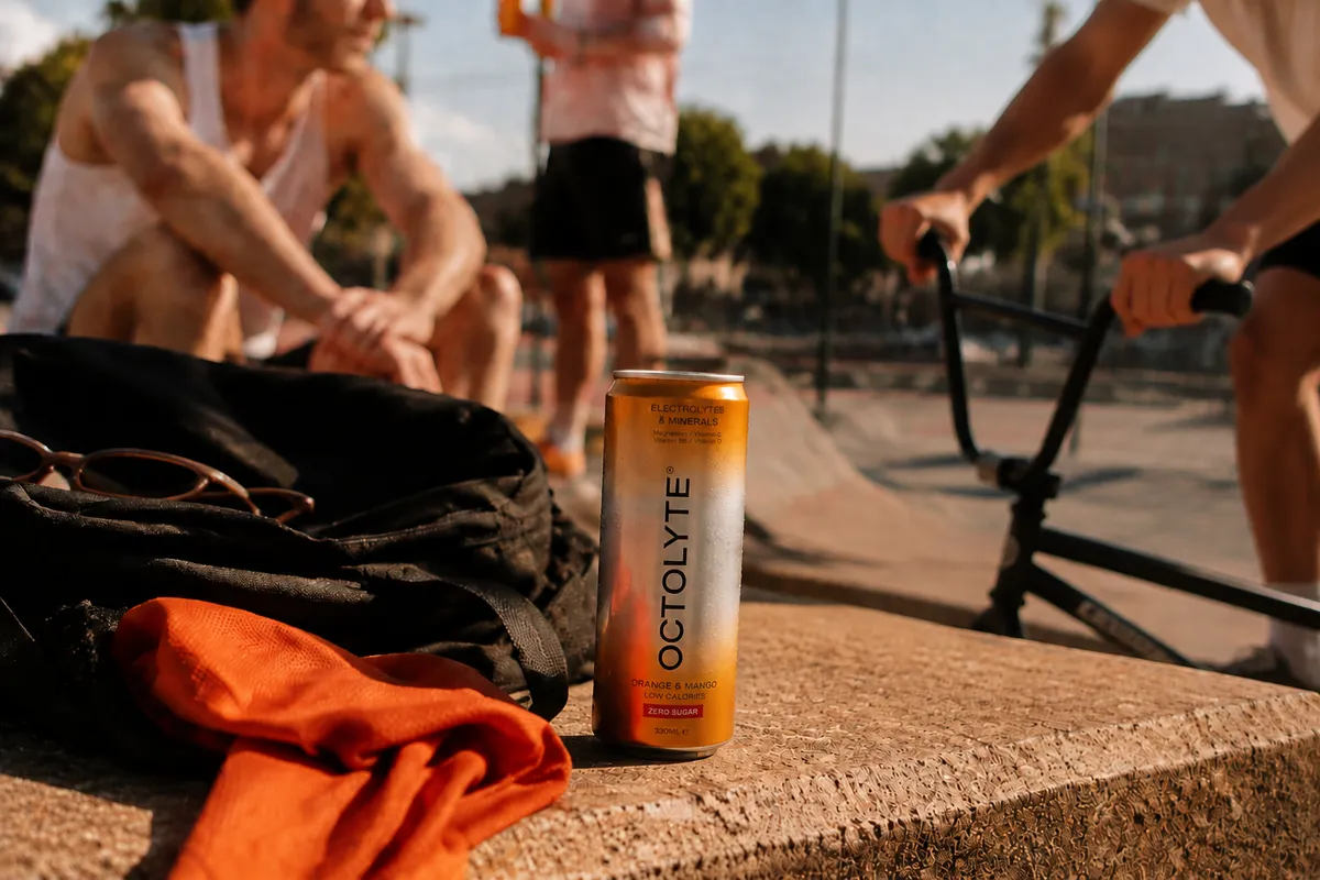 Golden-hour skatepark refreshment