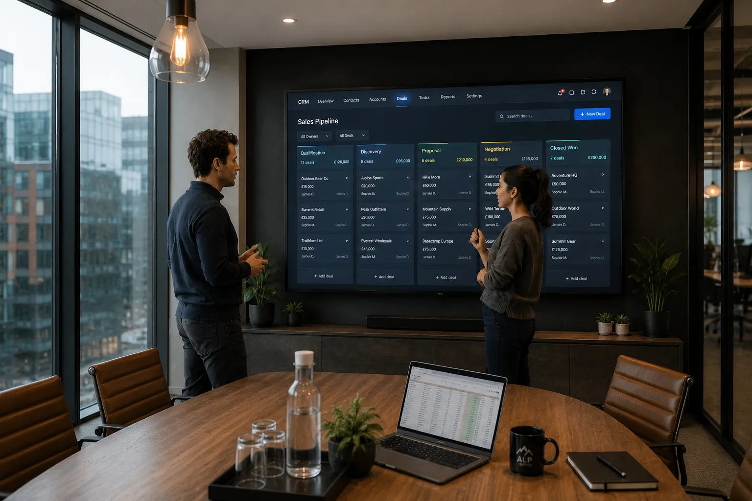 CRM sales pipeline on a boardroom display