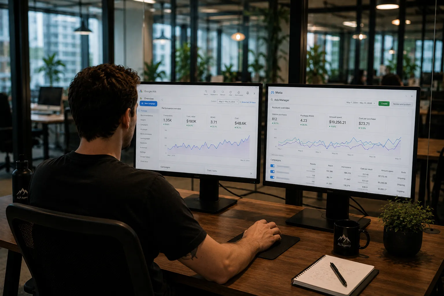 Paid-media specialist monitoring live campaign dashboards