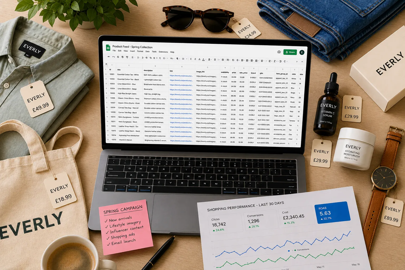 Shopping campaign setup with product feed and ROAS report