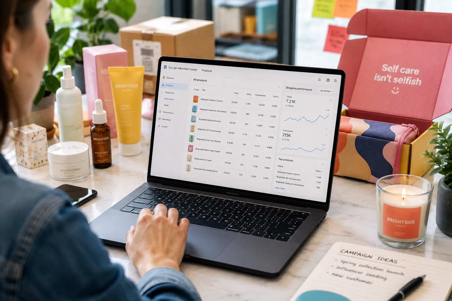 Retail marketer reviewing a product feed and Shopping performance