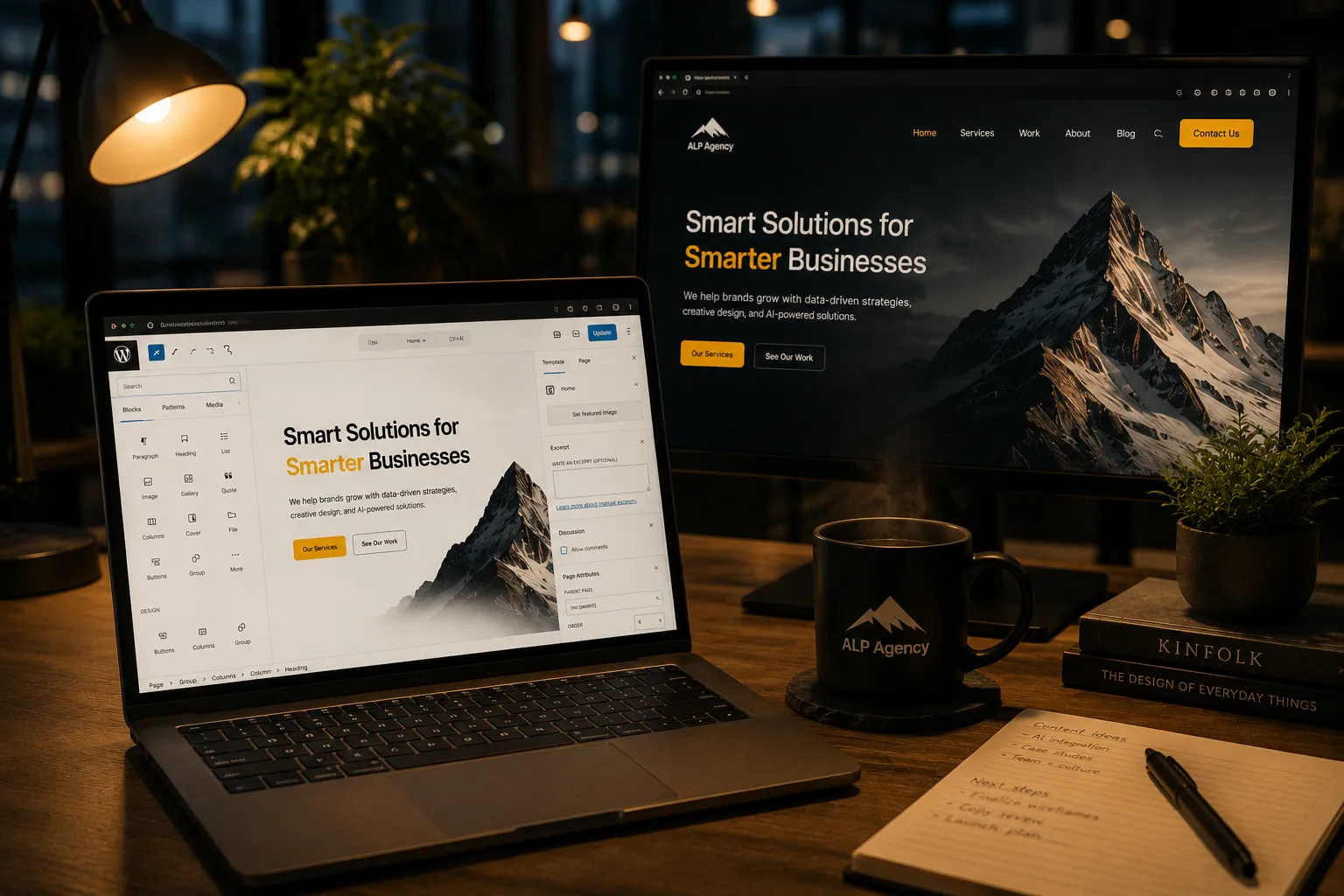 WordPress block editor and a live site preview